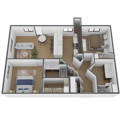 a 3d floor plan of a home with a bedroom and a living room
